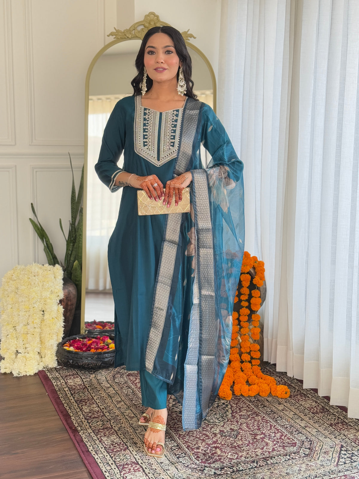 Teal Rayon Threadwork Salwar Suit for Women