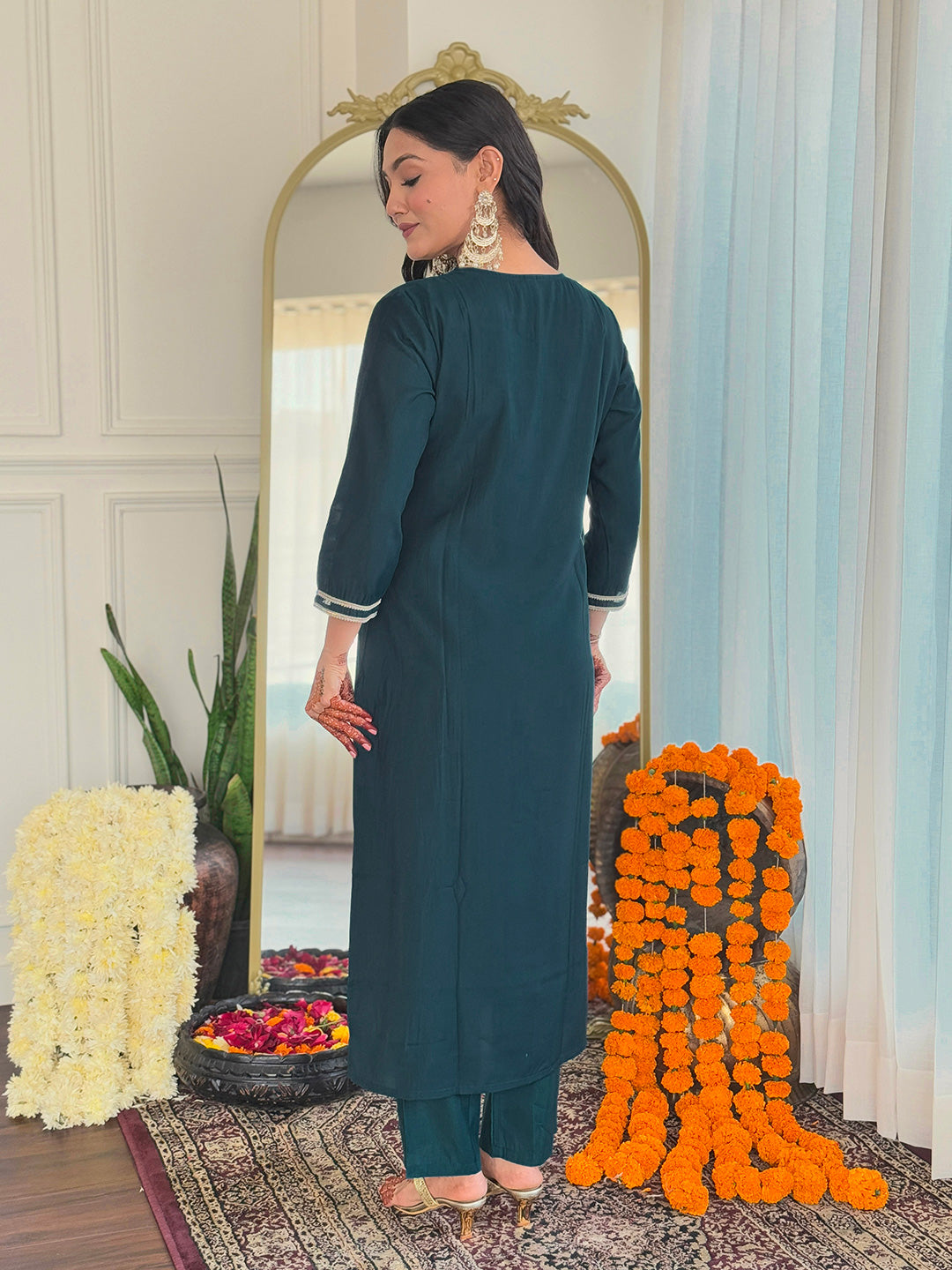 Teal Rayon Threadwork Salwar Suit for Women