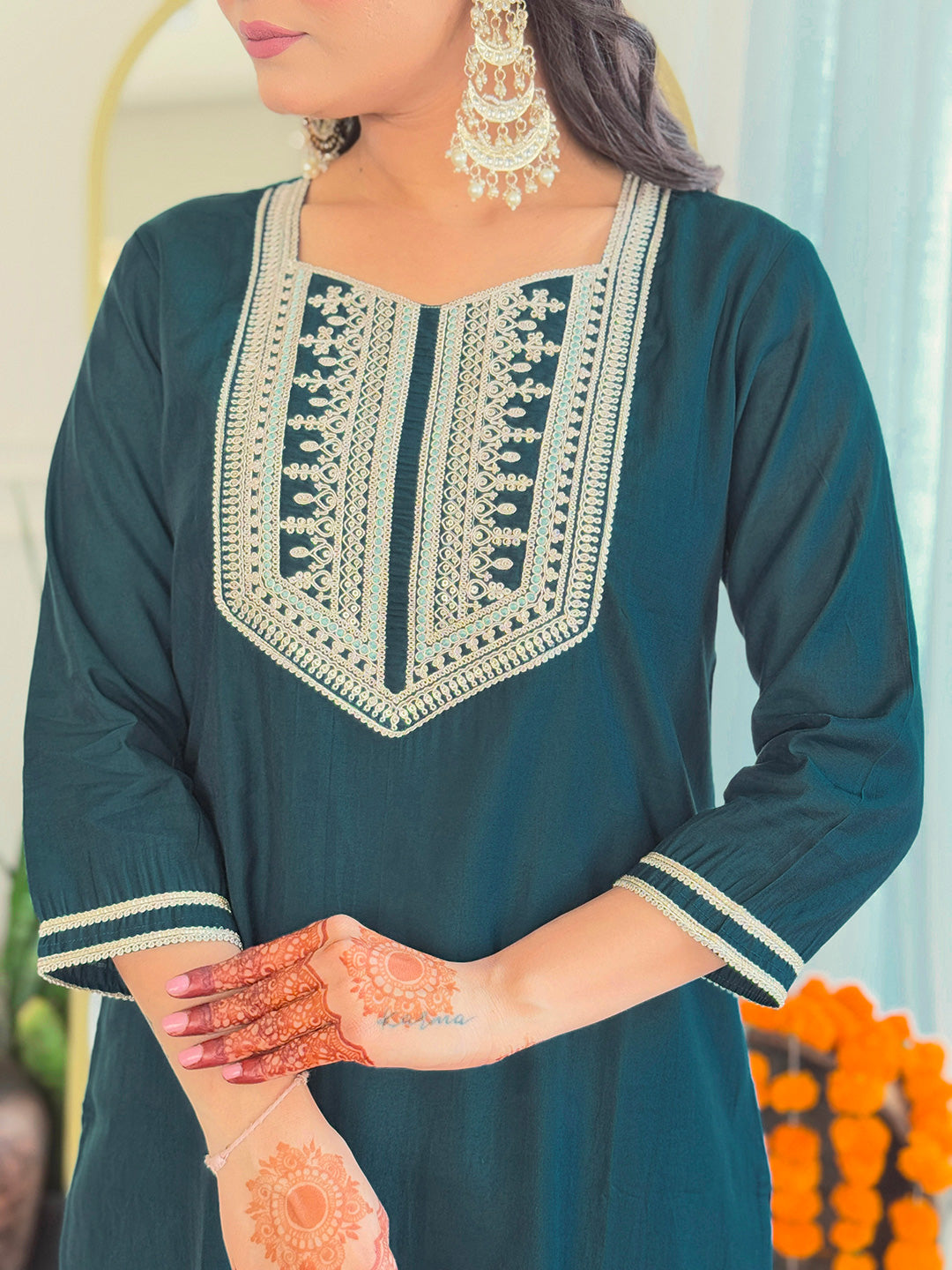 Teal Rayon Threadwork Salwar Suit for Women