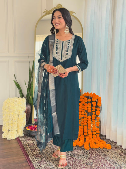 Teal Rayon Threadwork Salwar Suit for Women