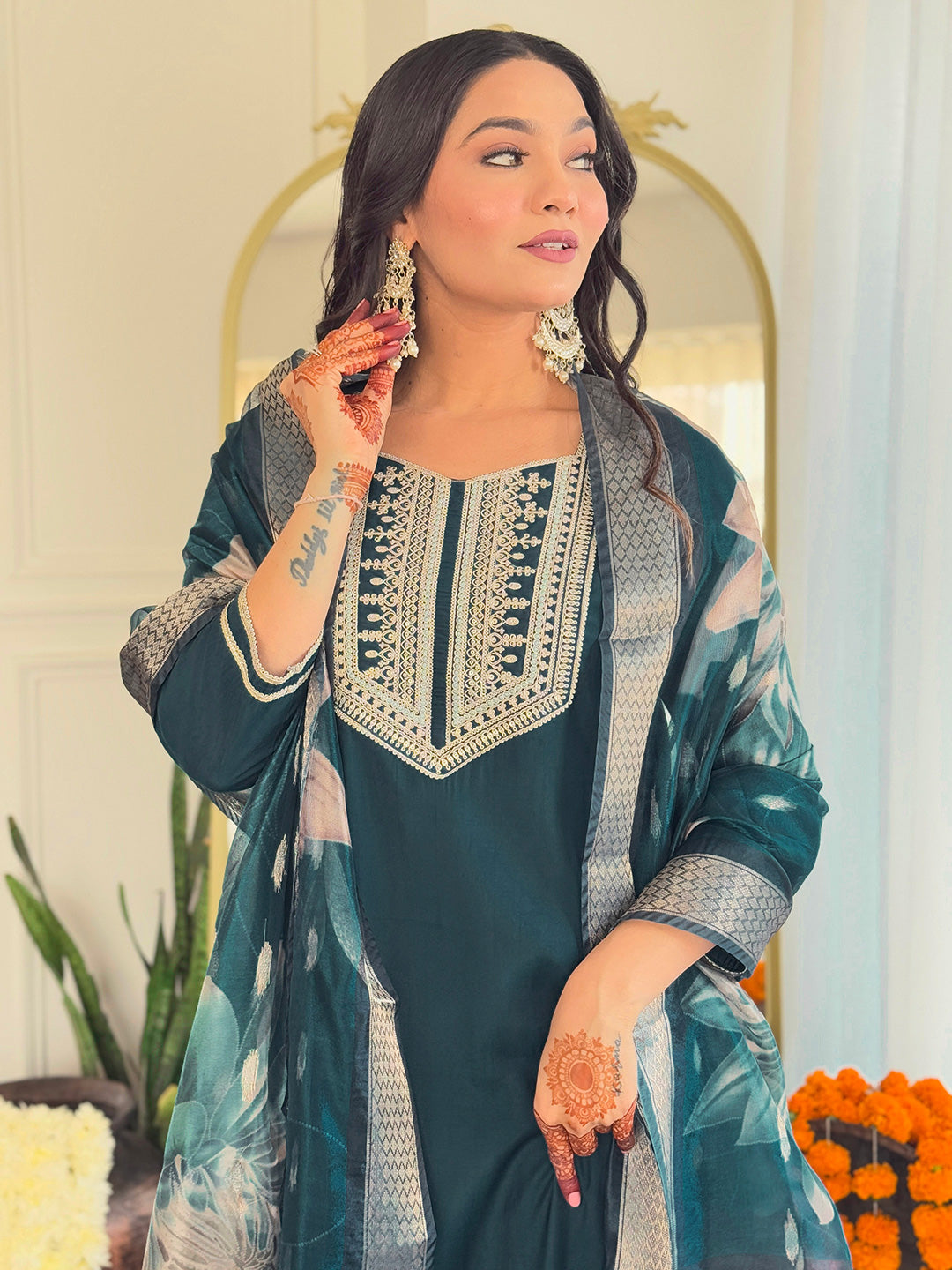 Teal Rayon Threadwork Salwar Suit for Women