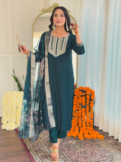 Teal Rayon Threadwork Salwar Suit for Women