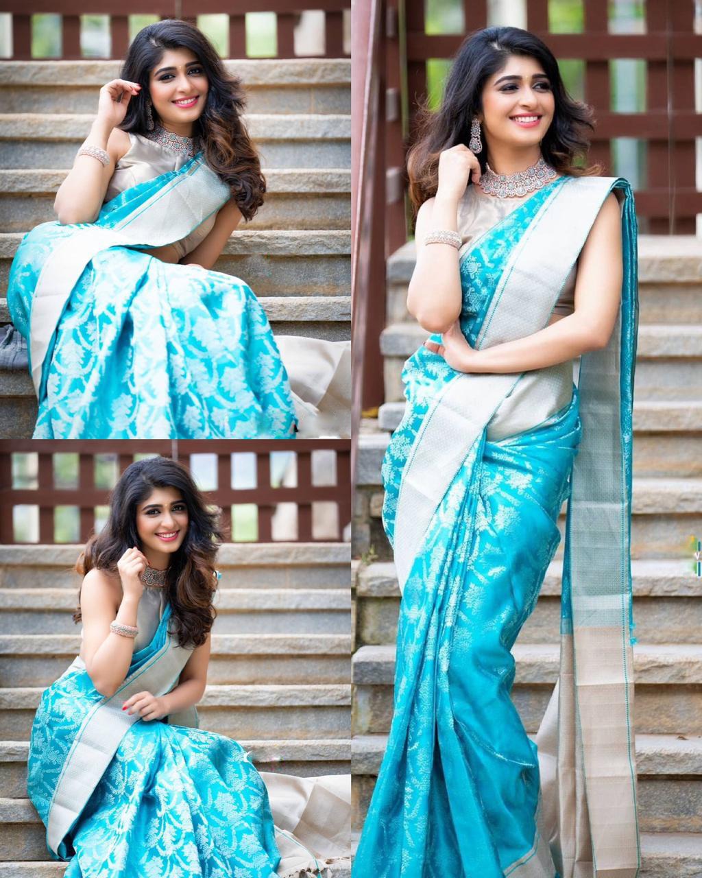 Teal Silk Saree with Silver Zari and Contrast Border for Women