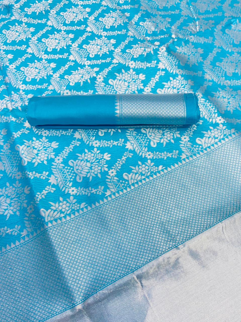 Teal Silk Saree with Silver Zari and Contrast Border for Women
