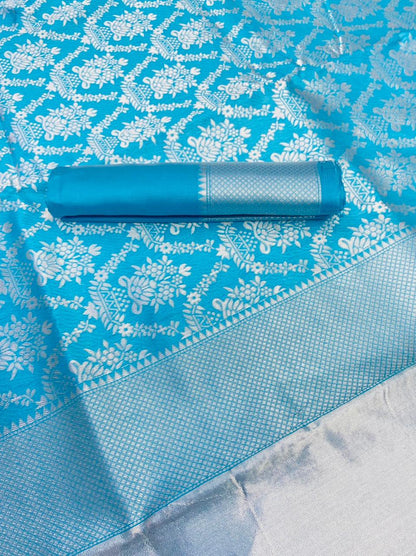 Teal Silk Saree with Silver Zari and Contrast Border for Women