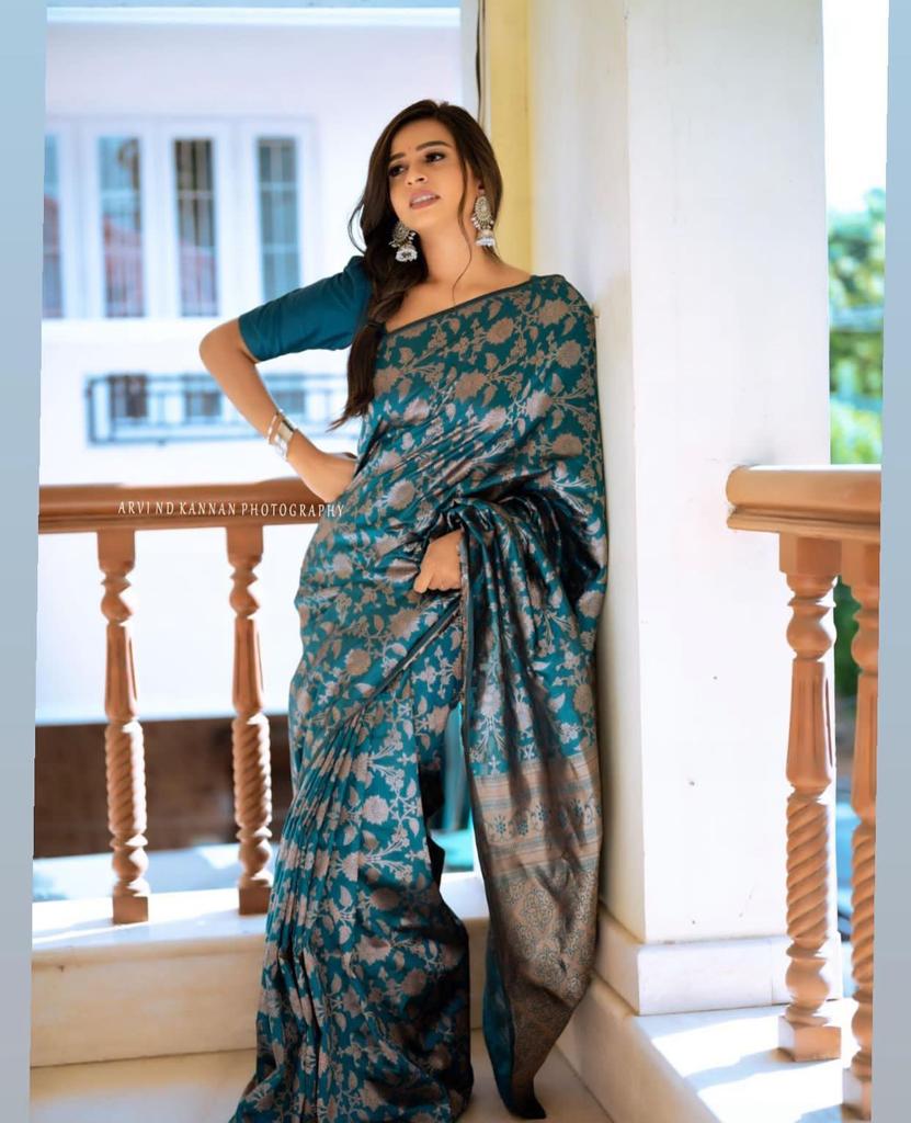 Elegant Teal Silk Saree with Floral Zari Design for Women