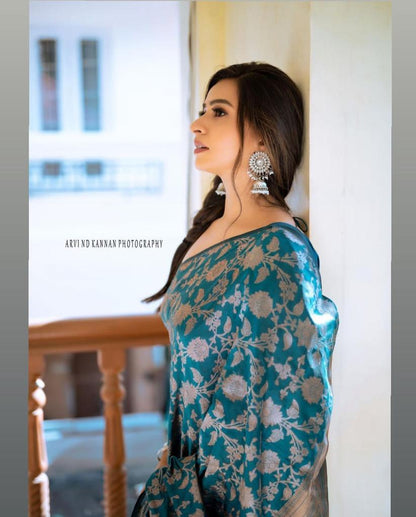 Elegant Teal Silk Saree with Floral Zari Design for Women
