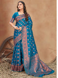 Teal Traditional Silk Saree with Copper Jacquard Border