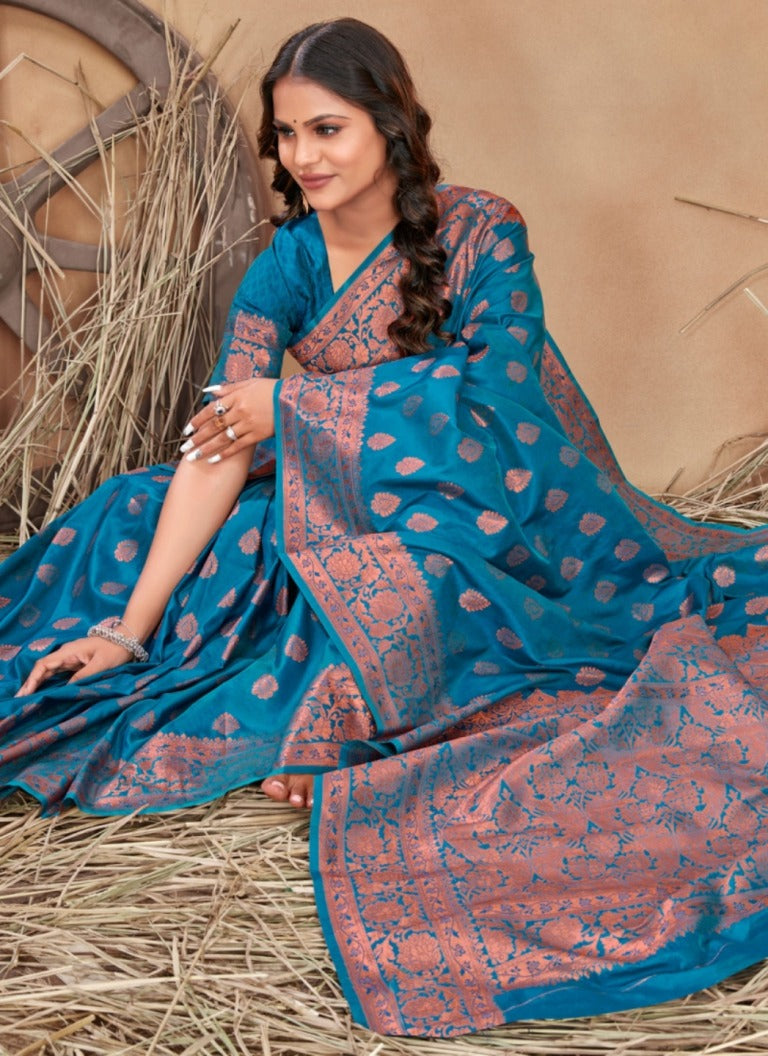 Teal Traditional Silk Saree with Copper Jacquard Border for Women