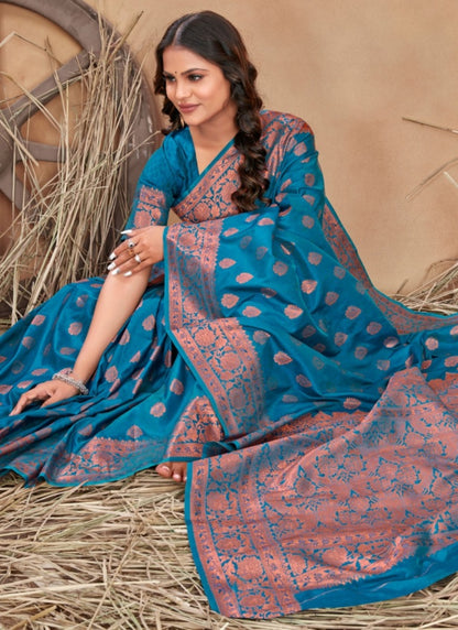 Teal Traditional Silk Saree with Copper Jacquard Border for Women