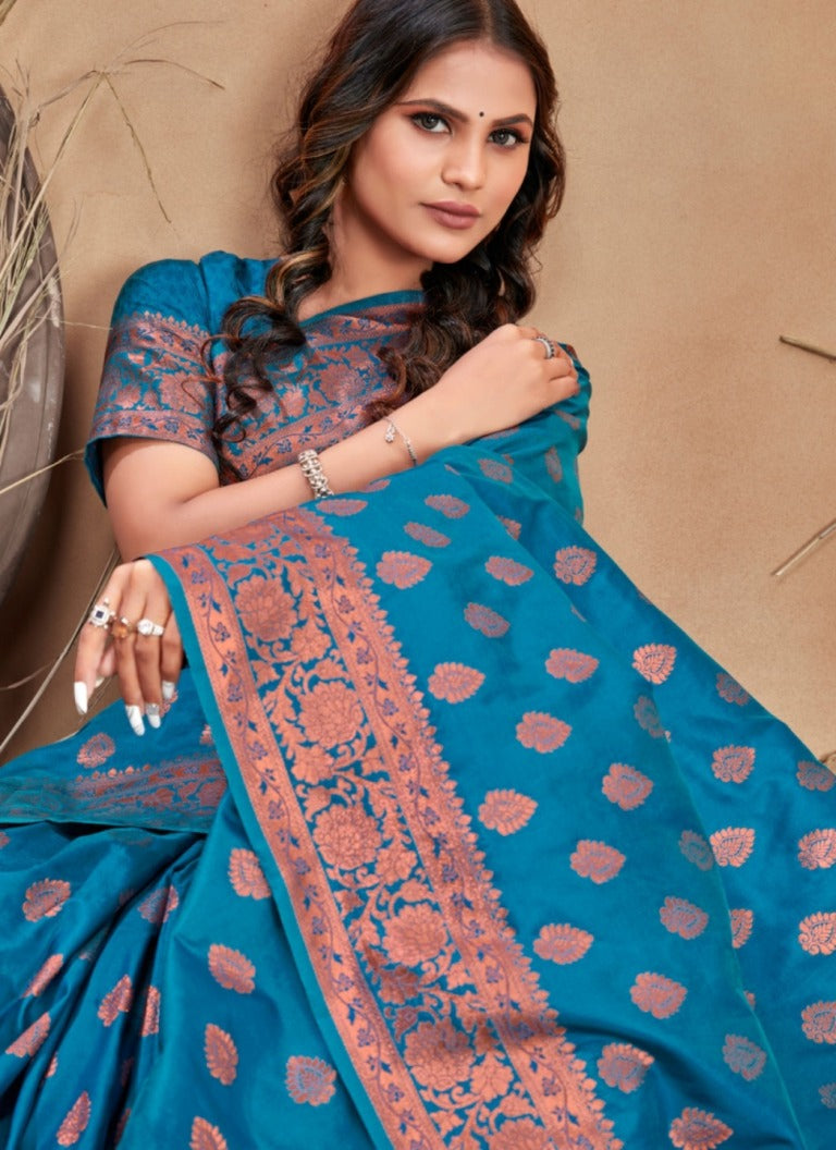 Teal Traditional Silk Saree with Copper Jacquard Border for Women