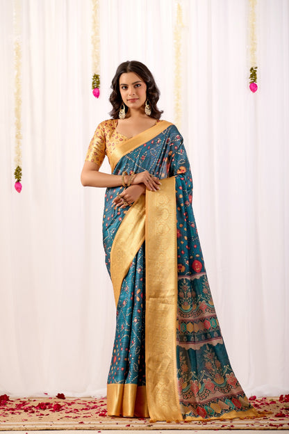 Teal Tribal Art Printed Lichi Silk Saree with Zari Border for Women