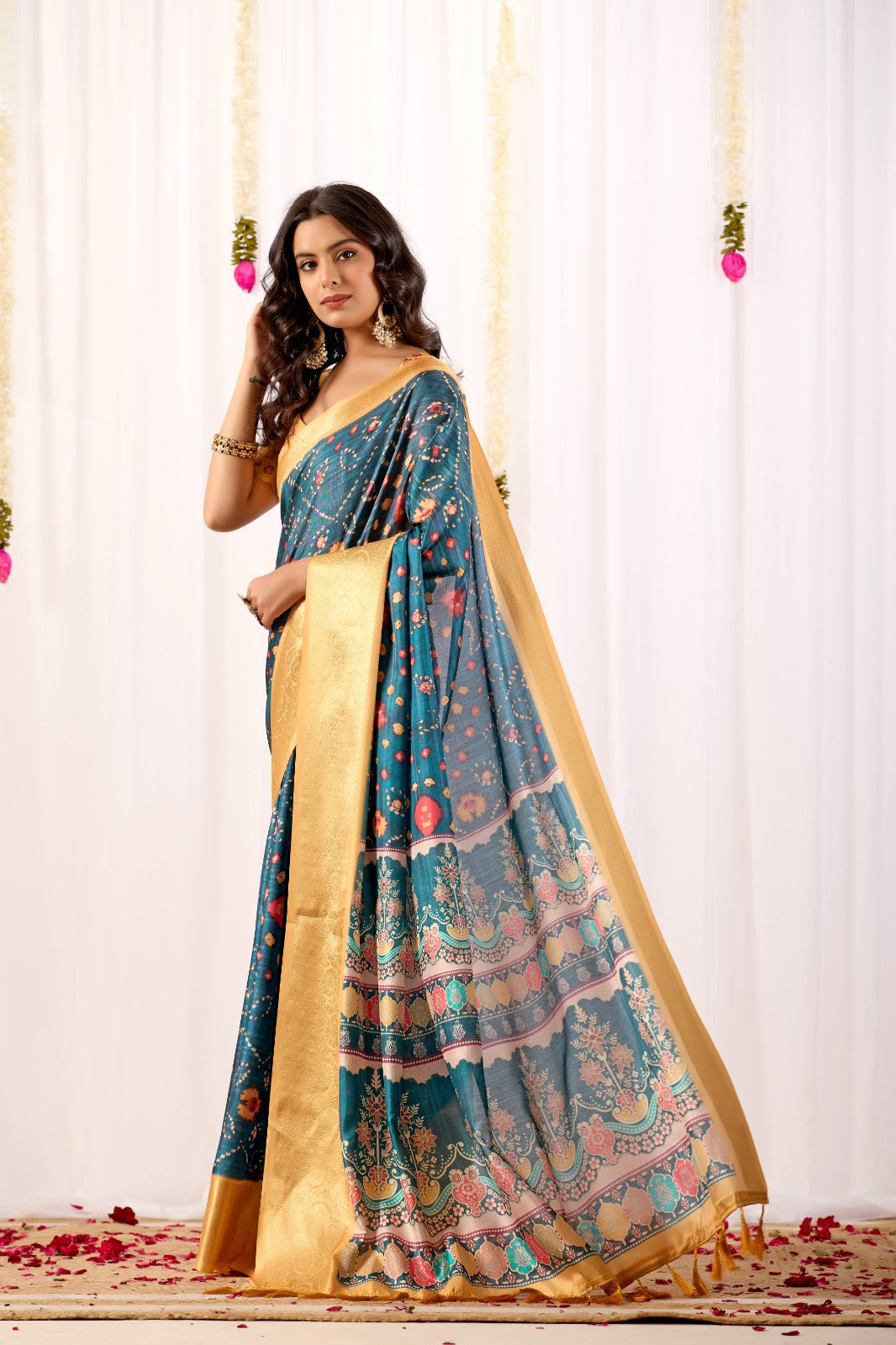 Teal Tribal Art Printed Lichi Silk Saree with Zari Border for Women