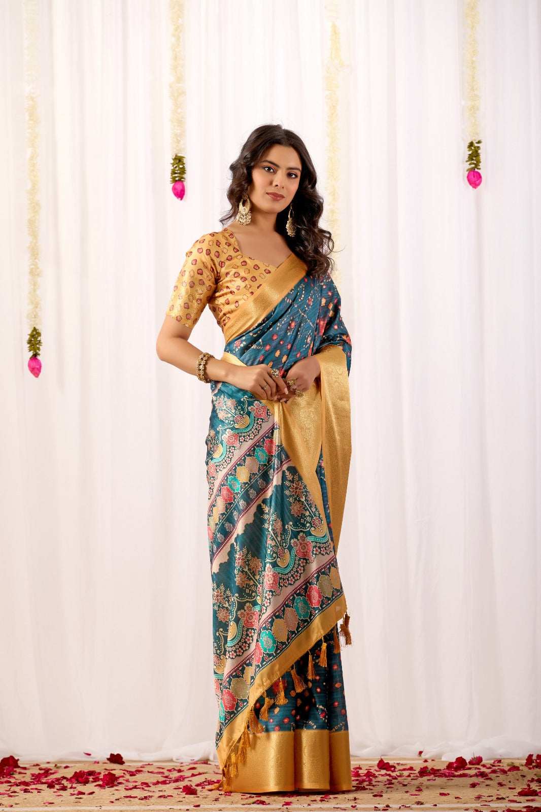 Teal Tribal Art Printed Lichi Silk Saree with Zari Border for Women