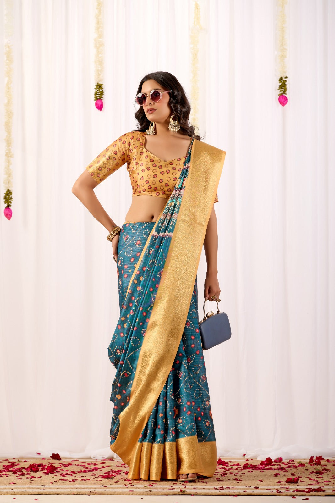 Teal Tribal Art Printed Lichi Silk Saree with Zari Border for Women