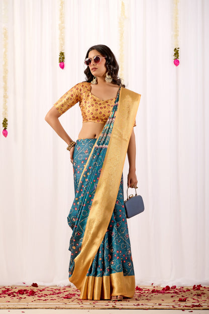 Teal Tribal Art Printed Lichi Silk Saree with Zari Border for Women