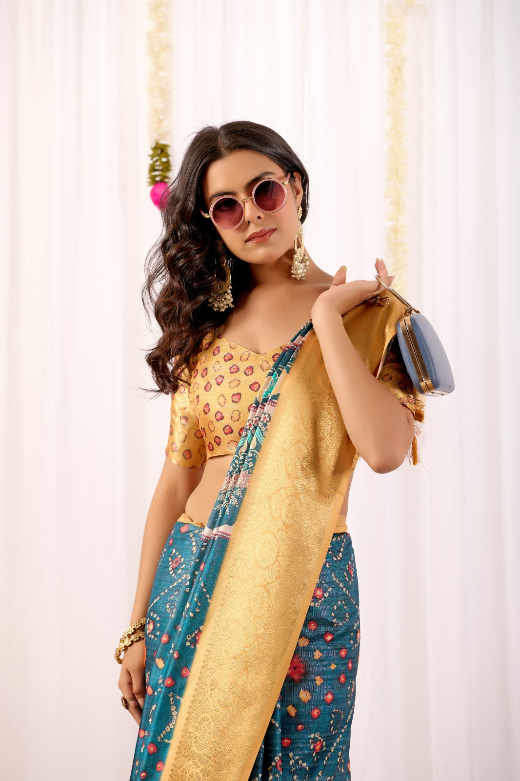 Teal Tribal Art Printed Lichi Silk Saree with Zari Border for Women