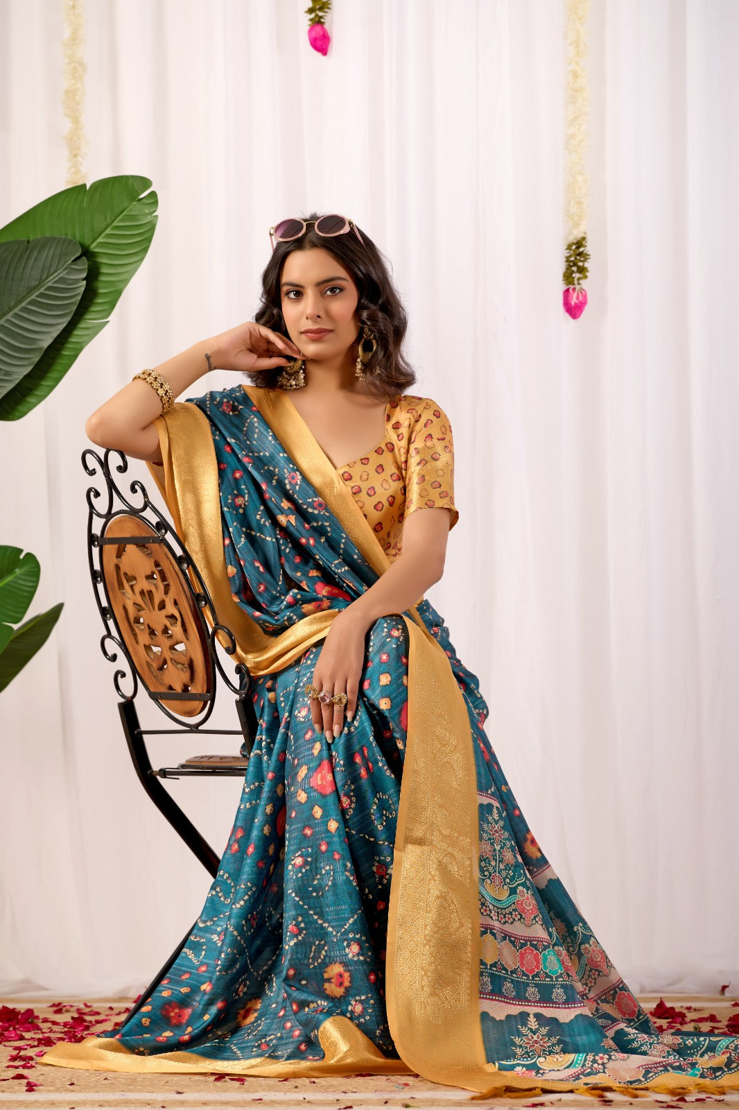 Teal Tribal Art Printed Lichi Silk Saree with Zari Border for Women