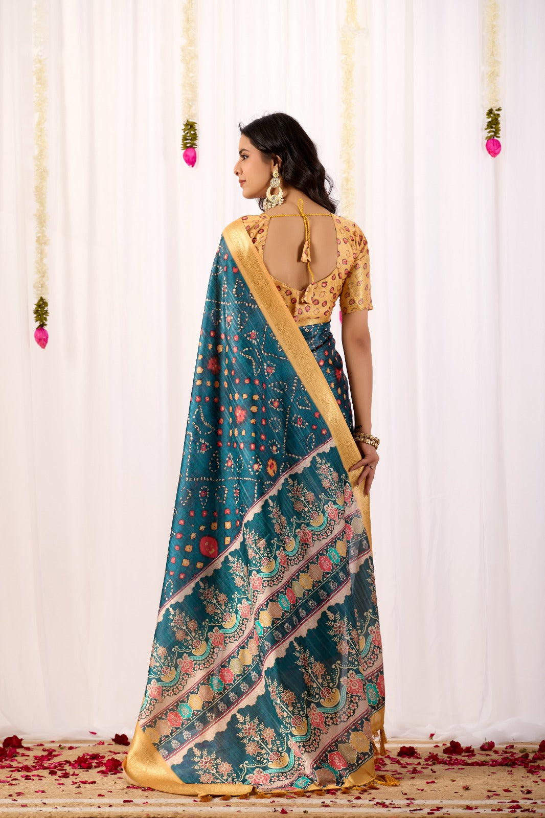 Teal Tribal Art Printed Lichi Silk Saree with Zari Border for Women