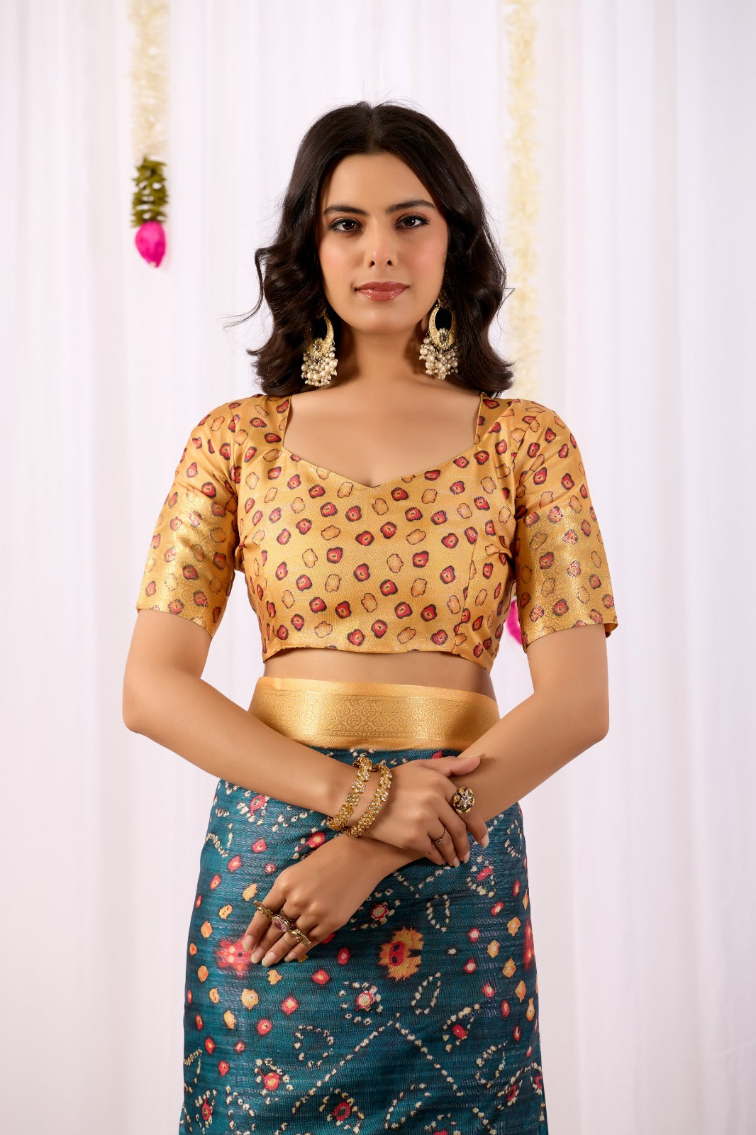 Teal Tribal Art Printed Lichi Silk Saree with Zari Border for Women