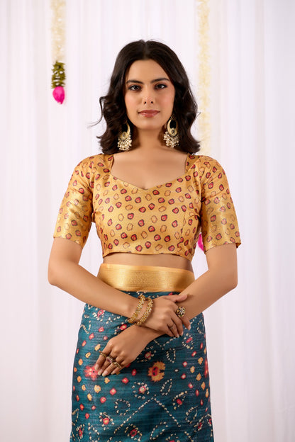 Teal Tribal Art Printed Lichi Silk Saree with Zari Border for Women