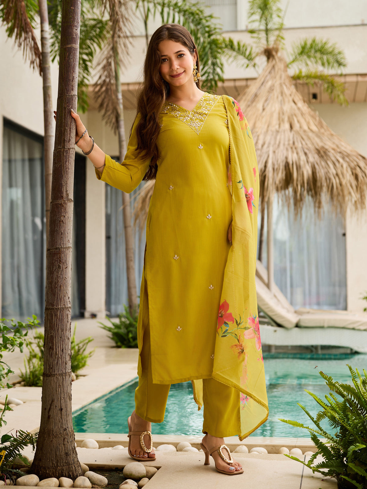 Threadwork Salwar Suit with Pure Organza Dupatta for Women