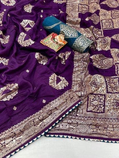 Traditional Deep Purple Maslin Silk Zari Work Saree for Women