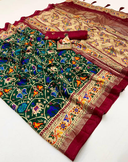 Traditional Bottle Green Patola Border Silk Saree for Women