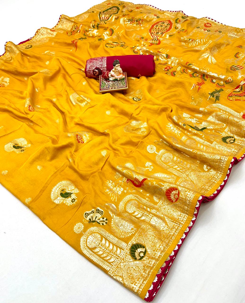 Traditional Mustard Maslin Silk Saree With Rich Pallu