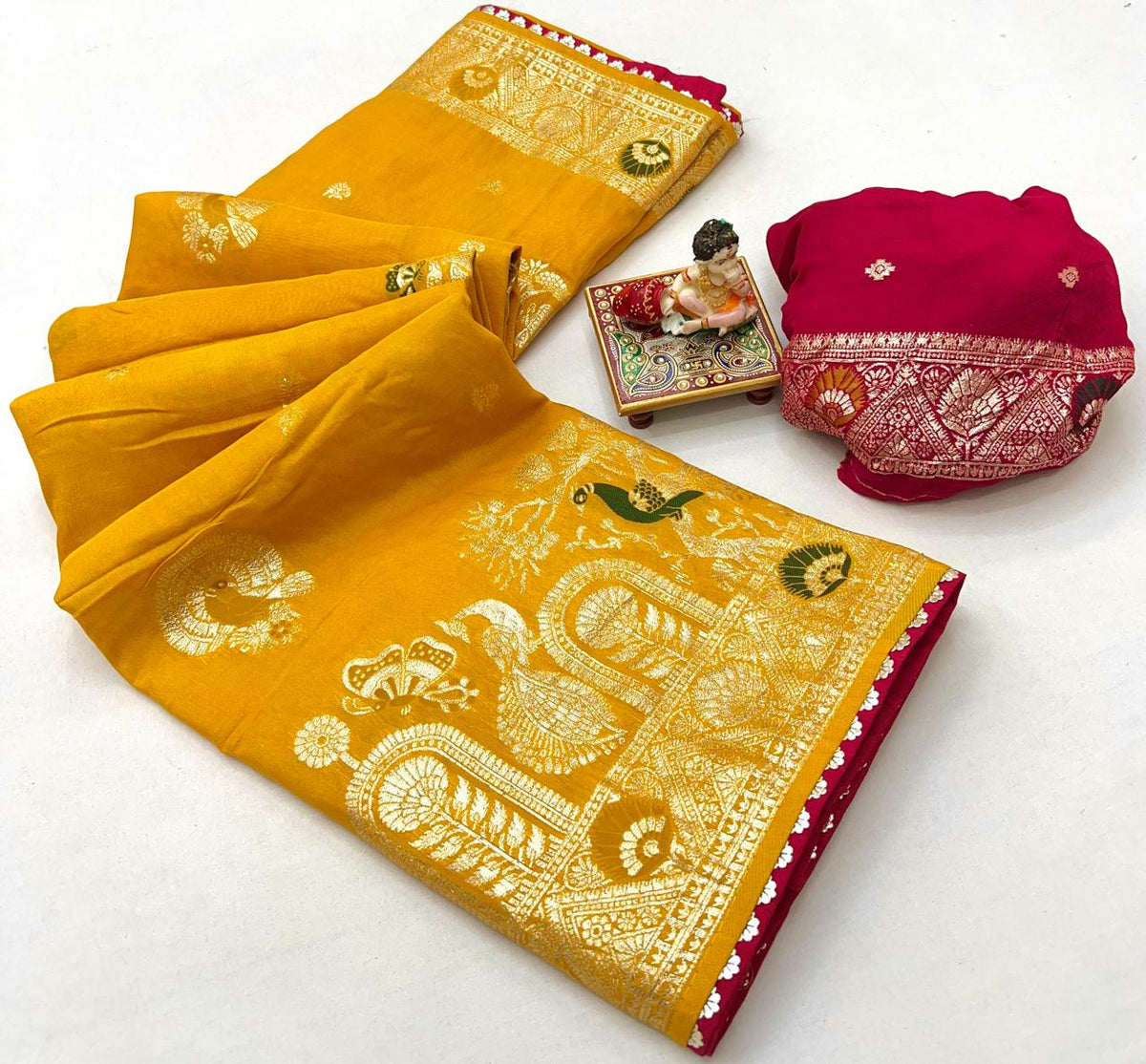 Traditional Mustard Maslin Silk Saree With Rich Pallu for Women