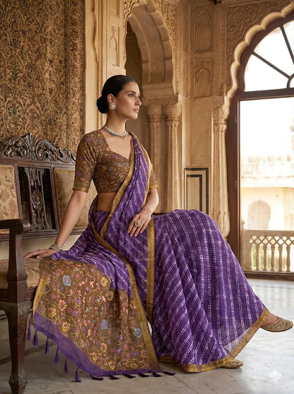 Traditional Purple Linen Saree with Gold Border Work for Women