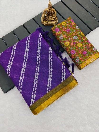Traditional Purple Linen Saree with Gold Border Work for Women