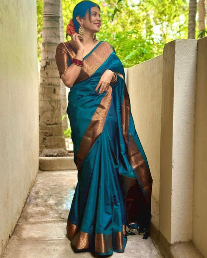 Traditional Teal Banarasi Saree for Festive Wear for Women