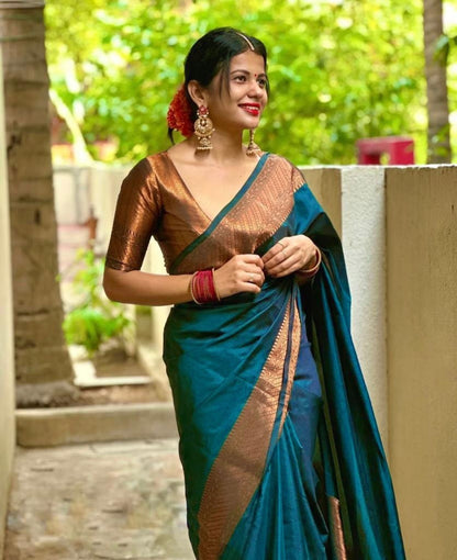 Traditional Teal Banarasi Saree for Festive Wear for Women