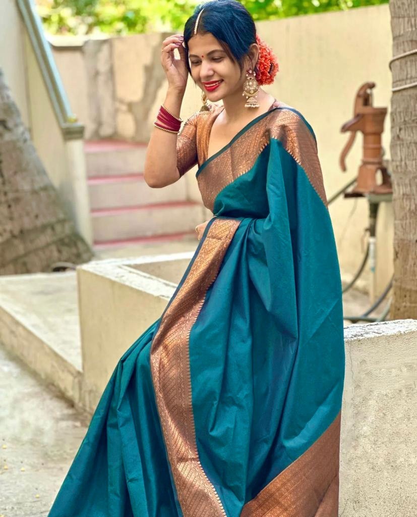 Traditional Teal Banarasi Saree for Festive Wear for Women