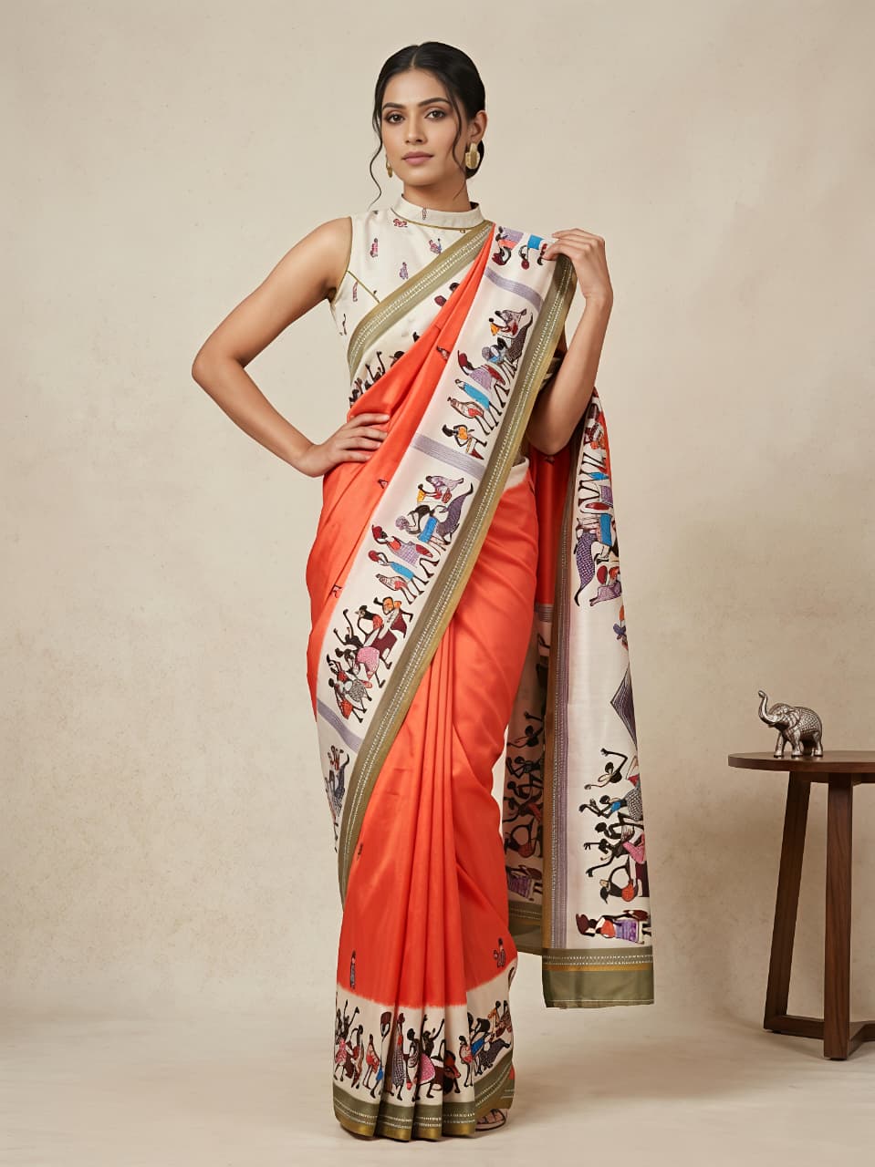 Traditional Touch Warli Art Orange Saree for Women