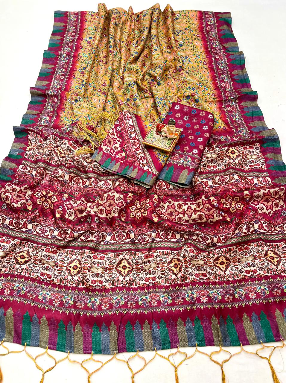 Traditional Yellow Pashmina Saree With Shawl for Women