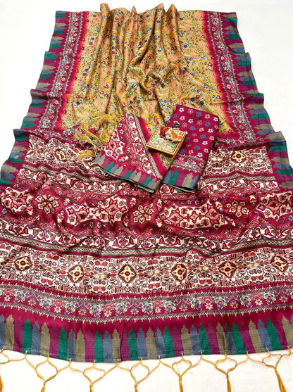 Traditional Yellow Pashmina Saree With Shawl for Women