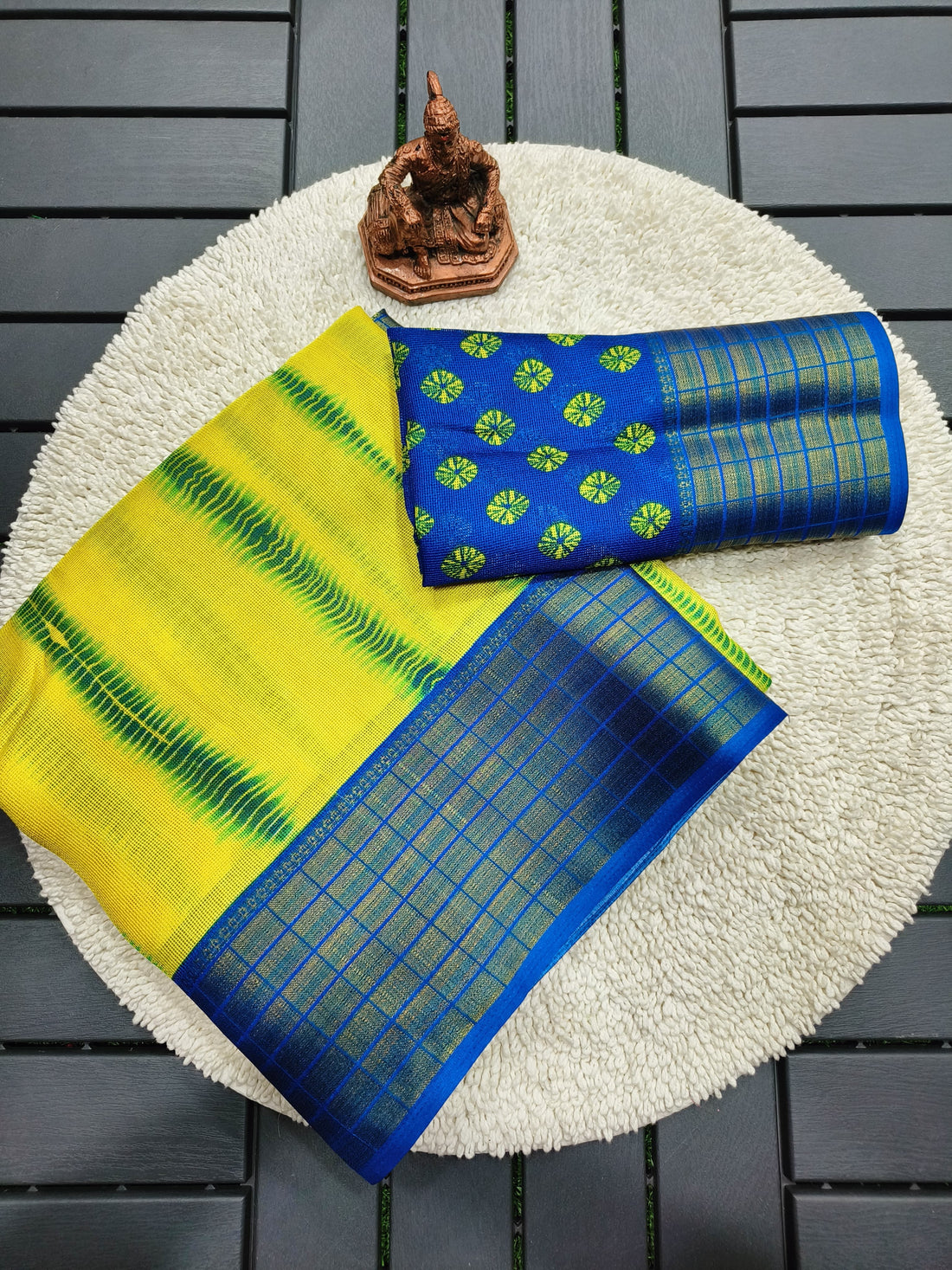 Traditional Yellow Saree with Blue Zari Border Design for Women