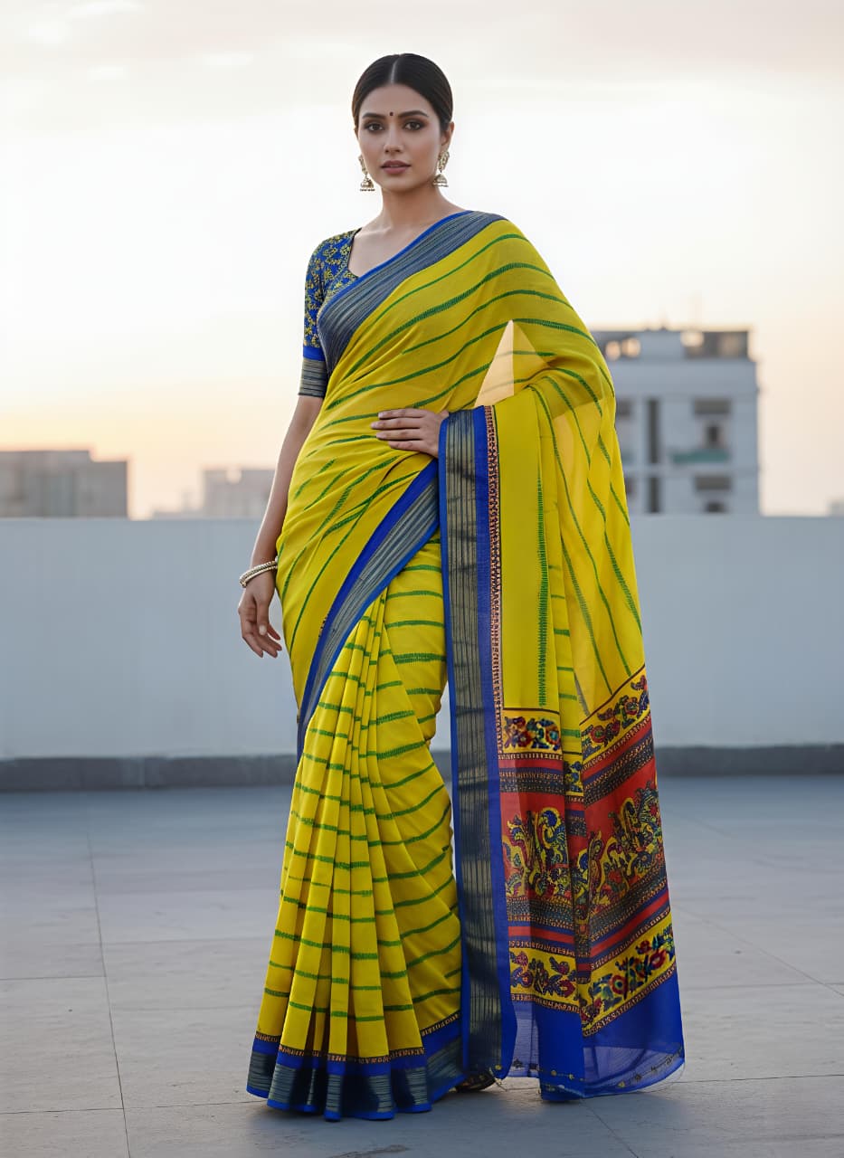 Traditional Yellow Saree with Blue Zari Border Design for Women