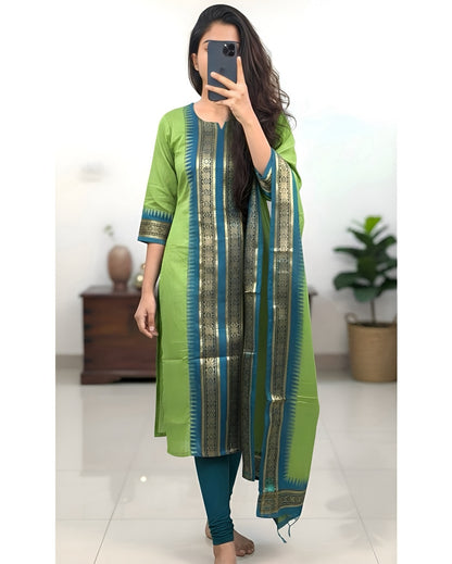 Trendy Green Ethnic Kurti Dupatta Set for Festive Wear for Women