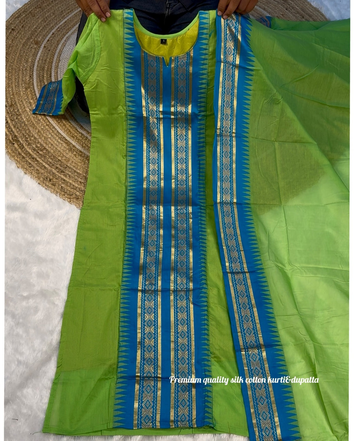 Trendy Green Ethnic Kurti Dupatta Set for Festive Wear for Women