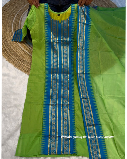 Trendy Green Ethnic Kurti Dupatta Set for Festive Wear for Women
