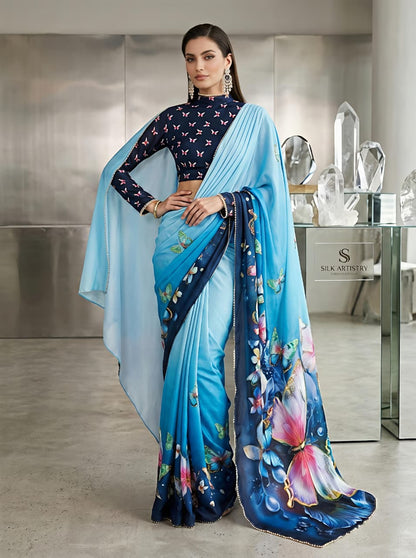 Trendy Sky Blue Butterfly Party Wear Saree for Women
