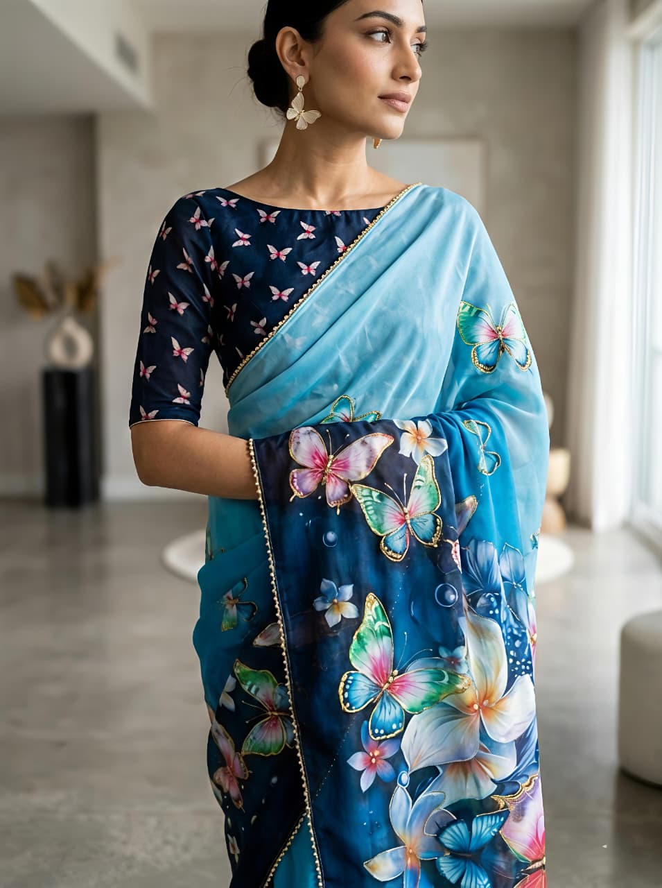 Trendy Sky Blue Butterfly Party Wear Saree for Women