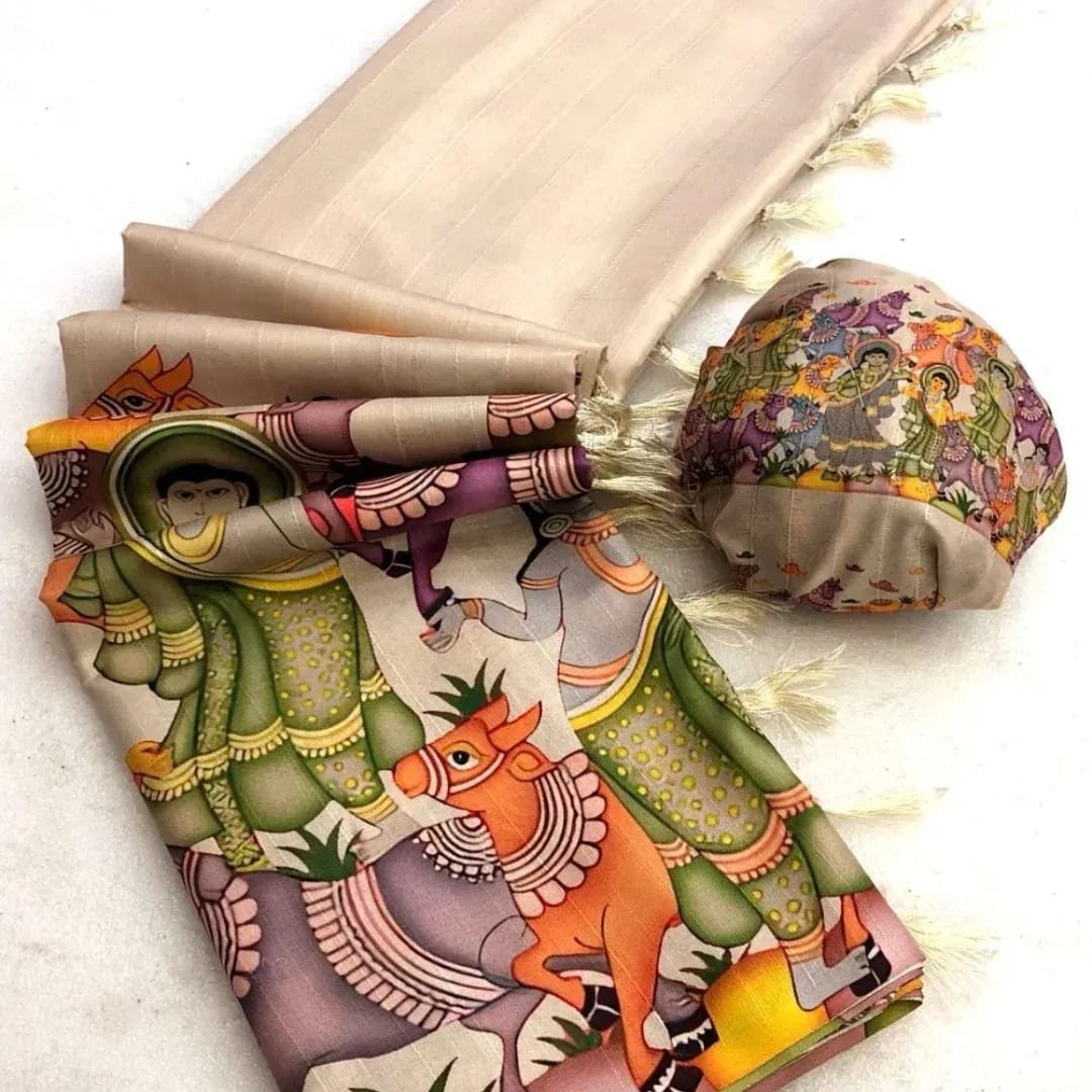 Tussar Silk Kalamkari Printed Saree with Blouse for Women