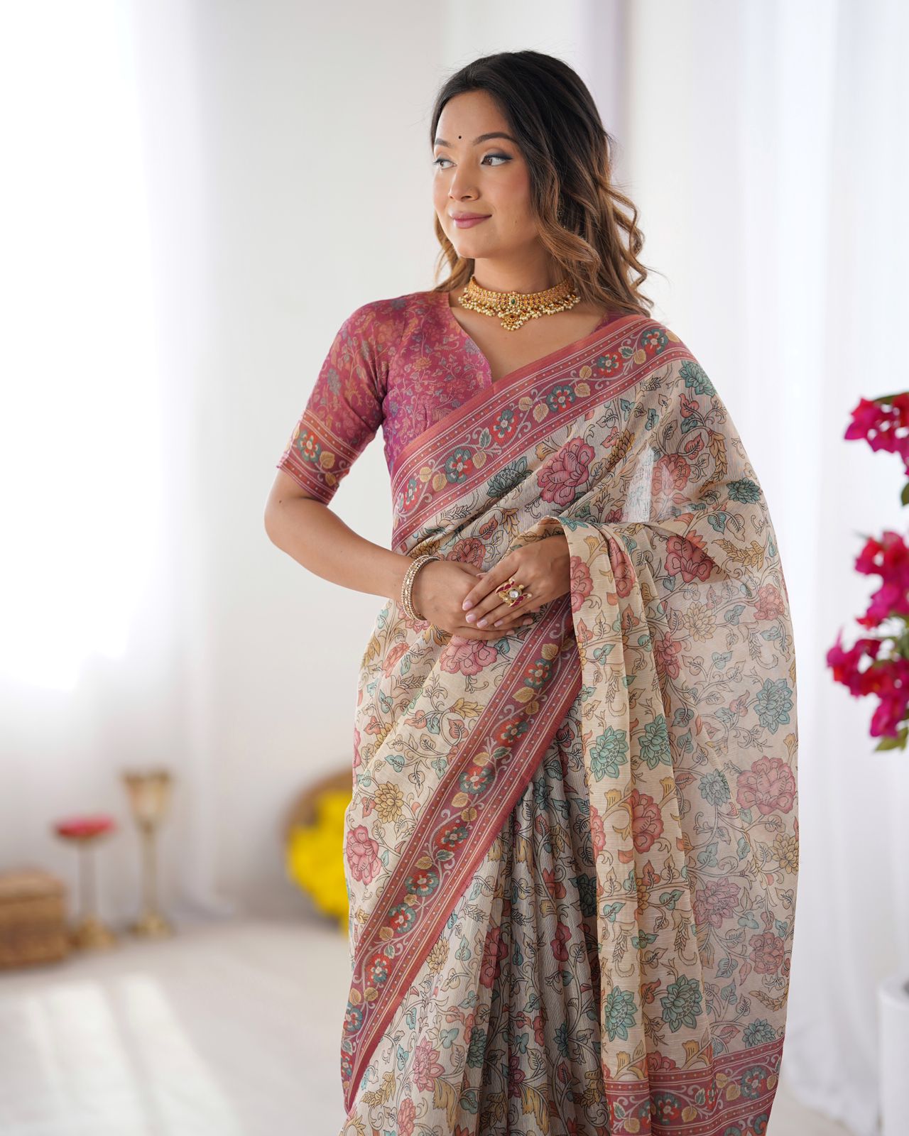 Varnavi Pastel Floral Beige Handloom Cotton Linen Saree