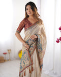 Varnavi Beige Teal Heritage Art Handloom Linen Saree