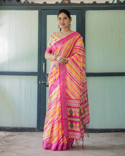 Vibrant Multicolor Linen Saree with Ikat Inspired Prints for Women