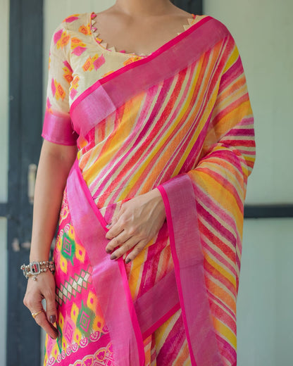 Vibrant Multicolor Linen Saree with Ikat Inspired Prints for Women